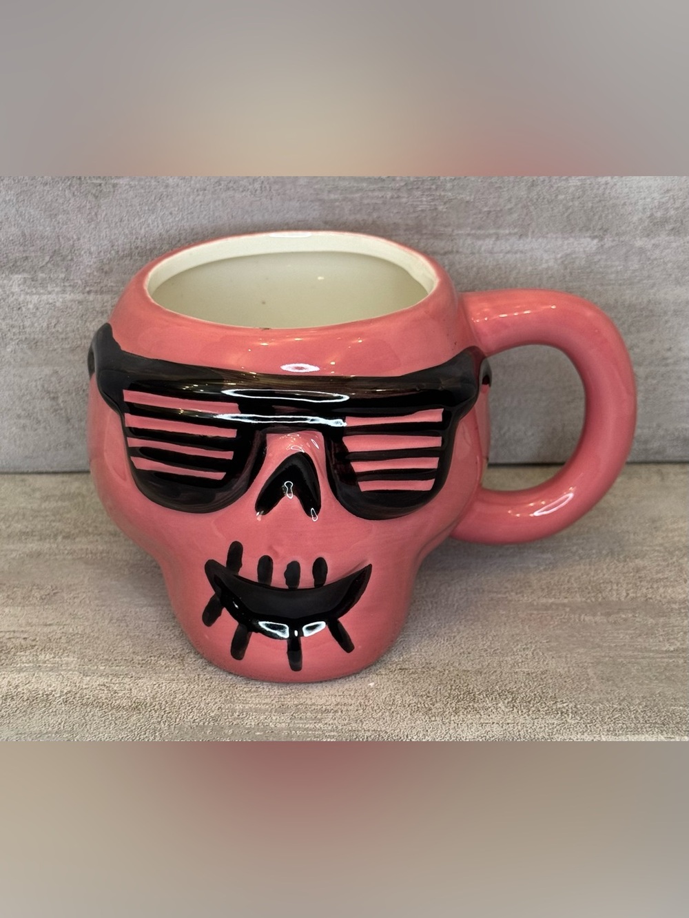 HYDE & EEK Halloween Earthenware Pink Skull Mug with Black Shutter Shades